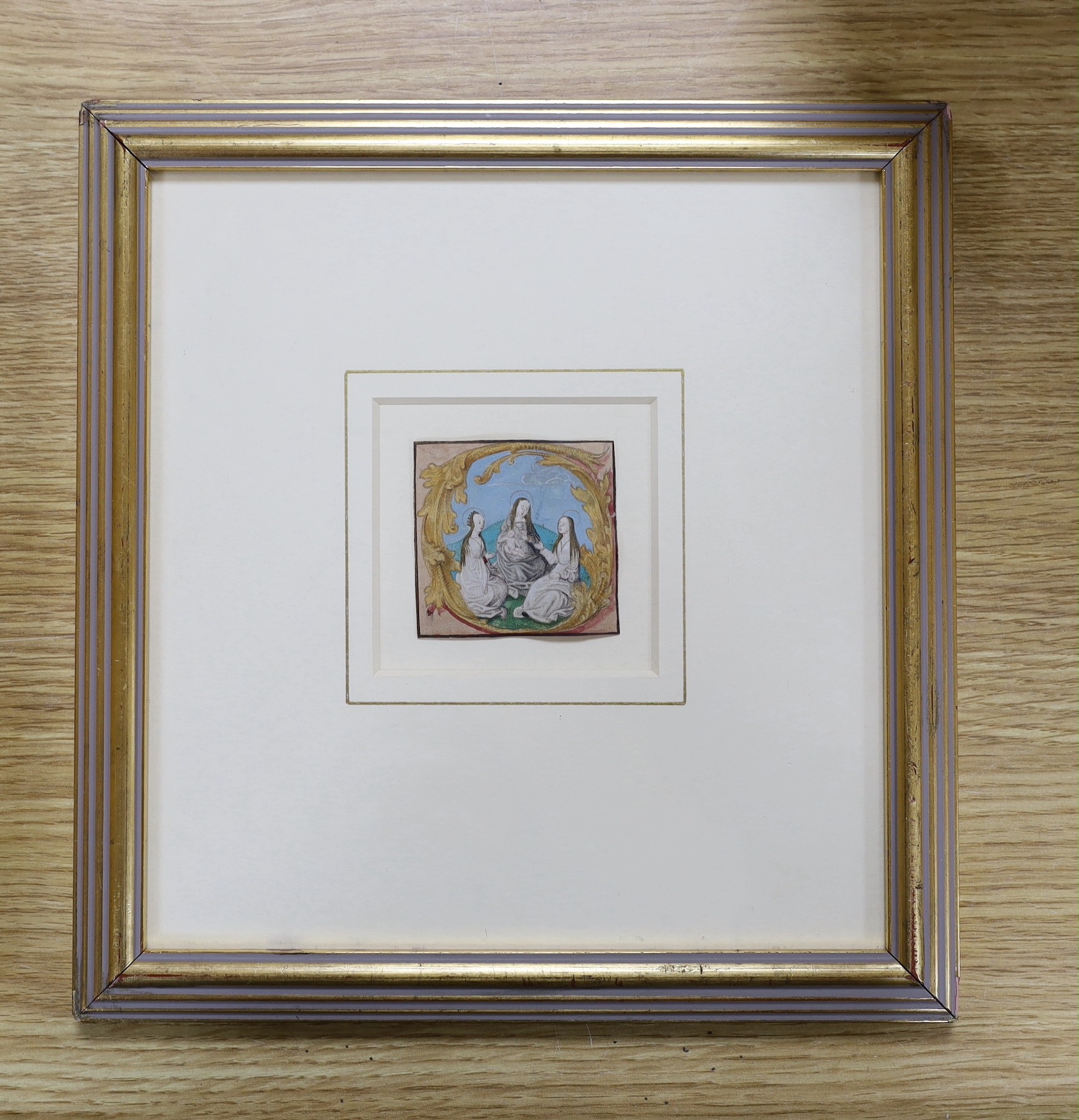 French School, 16th century, gouache on vellum, panel extract from a choir book, Abbott & Holder label verso and original purchase receipt, 6 x 6cm